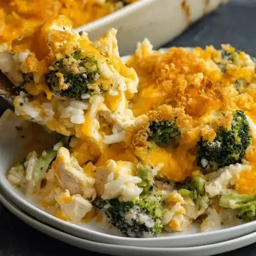 Easy & Cheesy Chicken Broccoli Rice Cheese Casserole 2 A serving of warm chicken broccoli rice cheese casserole, rich with melted cheese and a crispy topping, being scooped from a baking dish.
