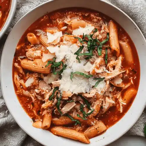 Easy Crockpot Chicken Parmesan Soup 2 Overhead view of a delicious and hearty bowl of crockpot chicken parmesan soup with penne pasta, shredded chicken, melted Parmesan cheese, and fresh basil on a rustic fabric background.