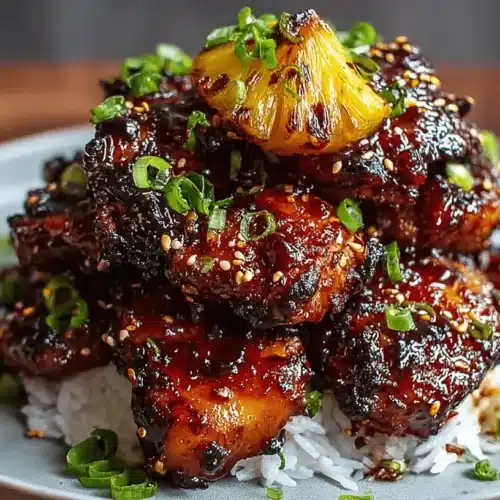 The Ultimate Hawaiian Huli Huli Chicken Stack Recipe 2 A visually appealing Hawaiian huli huli chicken stack with glazed chicken pieces, white rice, sesame seeds, green onions, and a grilled pineapple wedge on a grey plate.
