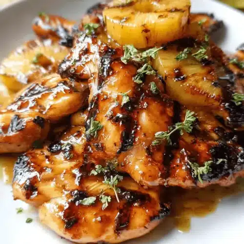 Brown Sugar Pineapple Chicken (Baked or Grilled!) 2 Delectable grilled brown sugar pineapple chicken with char marks and fresh herbs on a white plate.