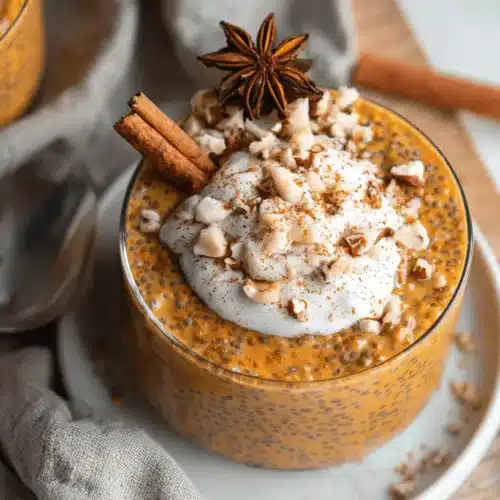 Delicious High Protein Pumpkin Chia Pudding: Easy Fall Recipe! 2 A close-up of a glass bowl filled with creamy High Protein Pumpkin Chia Pudding, topped with whipped cream, chopped nuts, cinnamon sticks, and star anise.