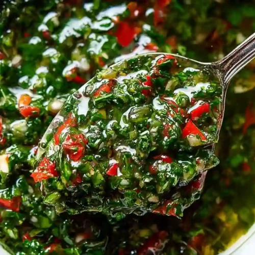 Authentic Chimichurri Recipe (Uruguay & Argentina) 2 Close-up of vibrant, chunky green and red chimichurri sauce in a rustic bowl with a spoon, ideal for a homemade chimichurri recipe.