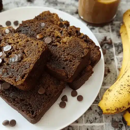 Bold & Delicious Coffee Banana Bread: Your New Favorite Recipe 2 Freshly baked Coffee Banana Bread slices with chocolate chips, ripe bananas, and a cup of coffee.