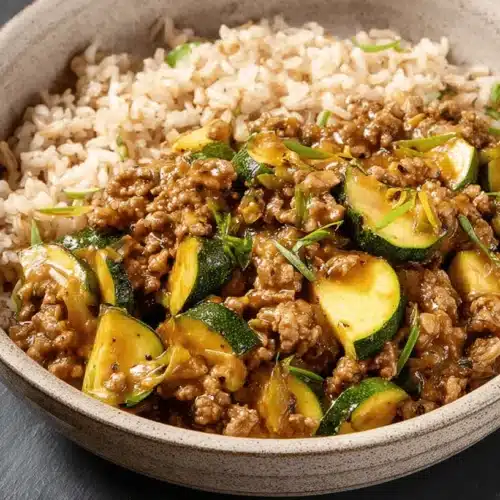 Ground Turkey and Zucchini Skillet 2 Close-up of a delicious Ground Turkey and Zucchini Skillet with rice, garnished with fresh green onions in a rustic bowl.