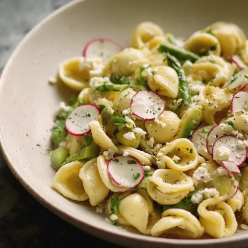 Zesty Lemon-Dijon Asparagus Macaroni Salad 2 A vibrant Lemon-Dijon Asparagus Macaroni Salad featuring orecchiette, fresh asparagus, radishes, and crumbled cheese in a rustic ceramic bowl.