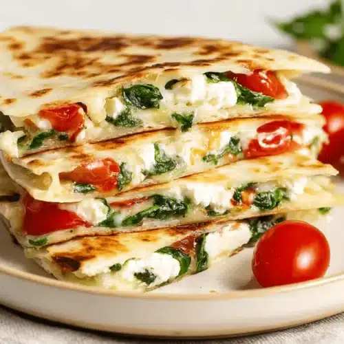 Delicious Mediterranean Quesadillas 2 Stacked Mediterranean Quesadillas with melted cheese, spinach, and cherry tomatoes on a rustic plate.