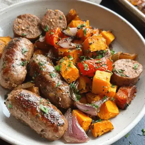Easy Sausage Sweet Potato Sheet Pan Dinner 2 Delicious sausage sweet potato sheet pan meal with roasted vegetables on a rustic plate.