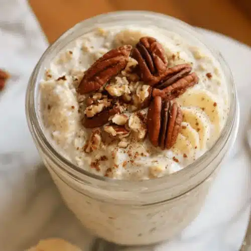 Delicious Banana Bread Overnight Oats 2 Delicious Banana Bread Overnight Oats in a glass jar, garnished with fresh banana slices, pecans, and cinnamon, on a marble plate.