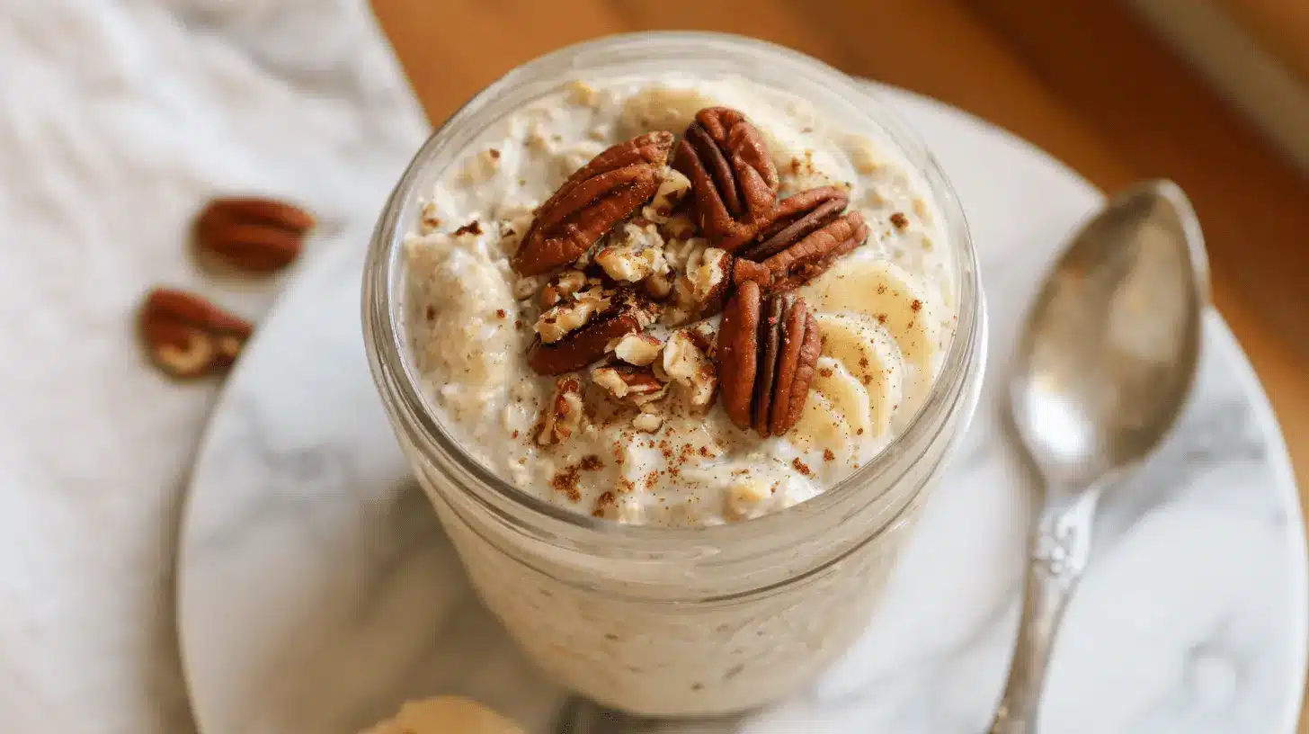 Home 1 Delicious Banana Bread Overnight Oats in a glass jar, garnished with fresh banana slices, pecans, and cinnamon, on a marble plate.