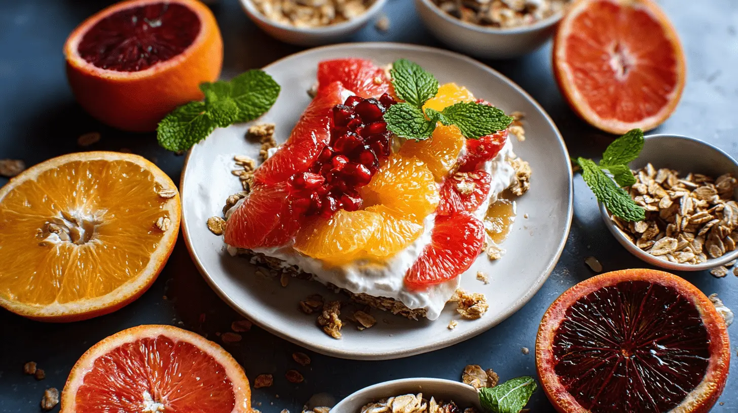 Home 1 Vibrant yogurt parfait bar featuring fresh citrus fruits, pomegranate, granola, and creamy yogurt.