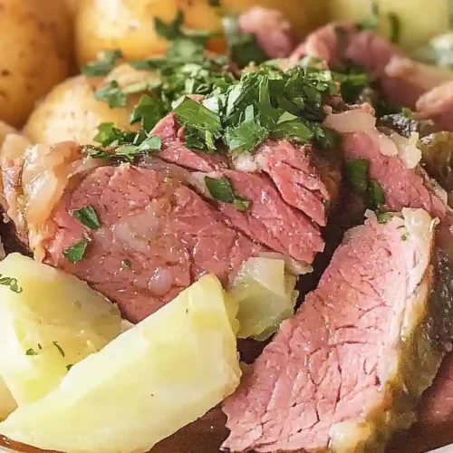 Tender Slow Cooker Corned Beef and Cabbage Recipe 2 A close-up of a plated corned beef and cabbage recipe, featuring succulent pink meat, tender green cabbage, baby potatoes, and carrots on a cream-colored plate.