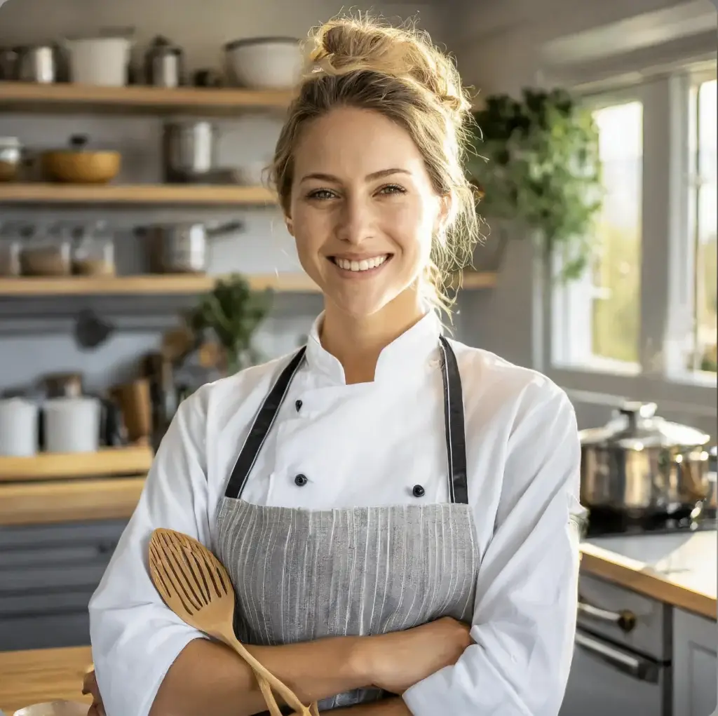 Virtual female chef avatar in the kitchen preparing delicious recipes - easy and healthy cooking ideas