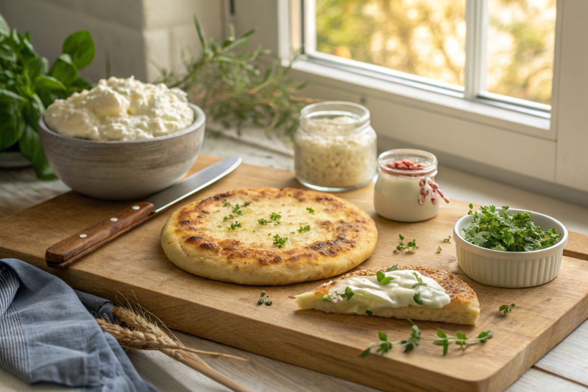 Golden-brown cottage cheese flatbread on a wooden cutting board, surrounded by ingredients like cottage cheese, eggs, and Italian seasoning, garnished with fresh herbs in a cozy kitchen setting