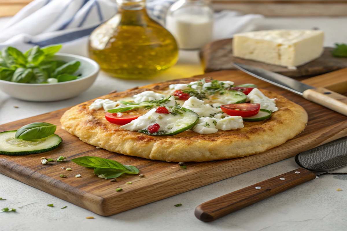 A golden-brown cottage cheese flatbread on a wooden board, crisp and slightly puffed. It is topped with low-moisture cheese, sliced vegetables, and fresh herbs, with a knife, fresh basil, and a drizzle of olive oil in the background