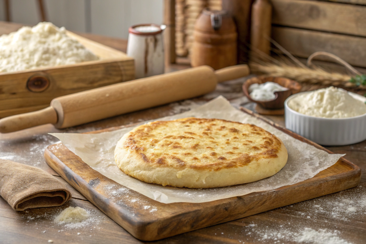 Perfectly cooked golden-brown cottage cheese flatbread on a wooden board, surrounded by flour, rolling pins, and parchment paper, illustrating how to keep cottage cheese flatbread from sticking