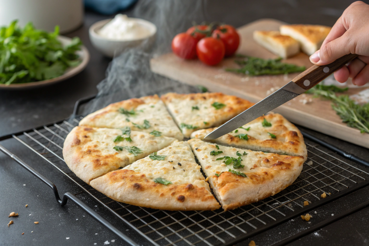 Golden brown cottage cheese flatbread cut into slices on a cooling rack, with steam rising gently. A hand presses lightly on the surface to test its texture. Nearby, a knife and toppings like fresh herbs and tomatoes are arranged