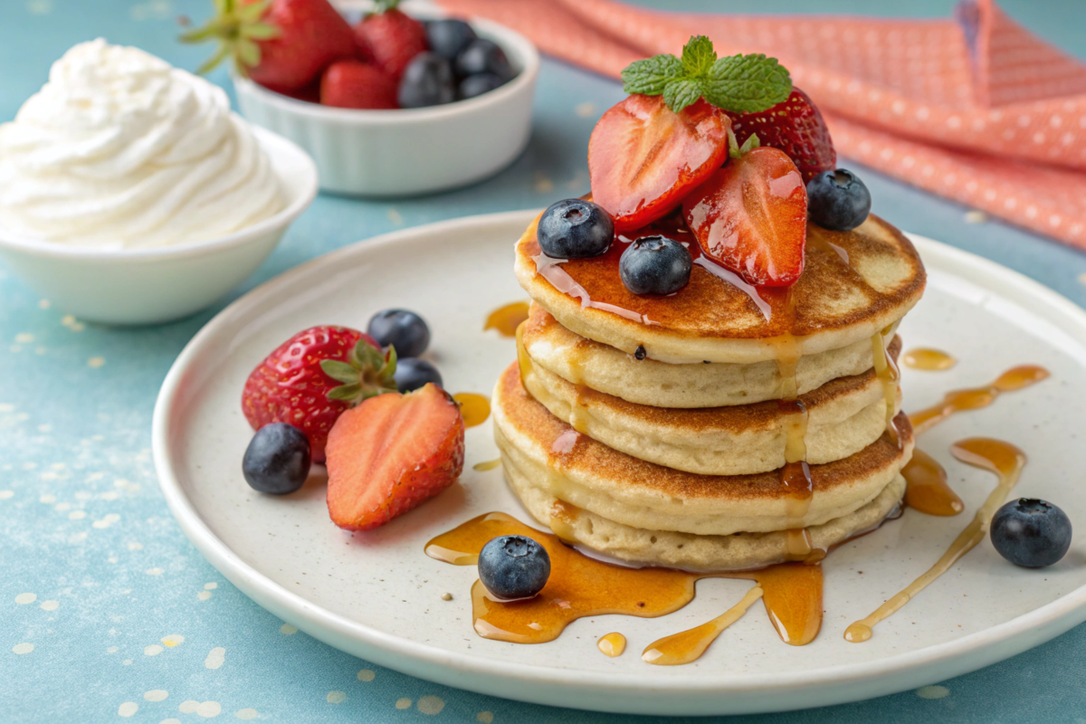 Neatly stacked mini pancakes topped with fresh strawberries, blueberries, and drizzled with golden maple syrup, served with whipped cream on a white plate