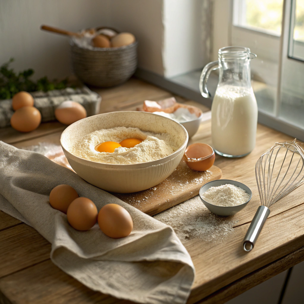 Close-up of a kitchen countertop with a bowl of pancake batter being prepared, surrounded by ingredients like flour, eggs, milk, and a whisk, lit by natural sunlight