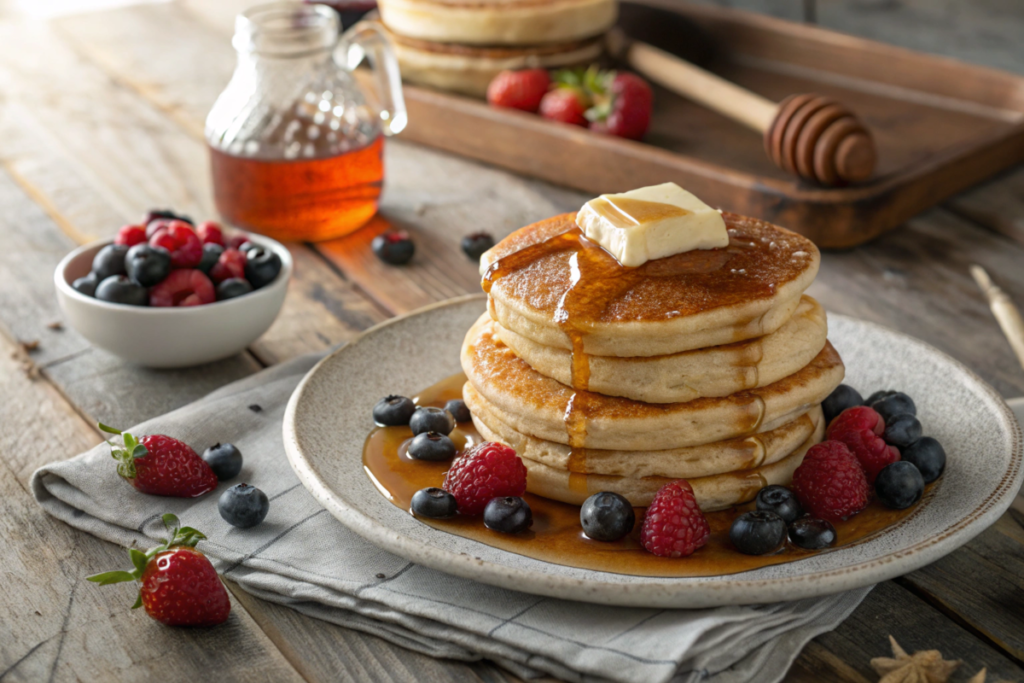 A stack of golden-brown silver dollar pancakes topped with melting butter, surrounded by fresh berries and a drizzle of maple syrup on a rustic wooden table