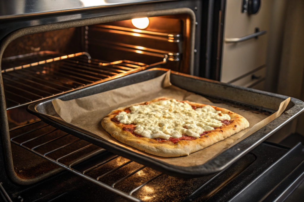 Burnt cottage cheese flatbread in an oven, illustrating uneven baking with scorched edges and an undercooked center caused by high oven temperatures