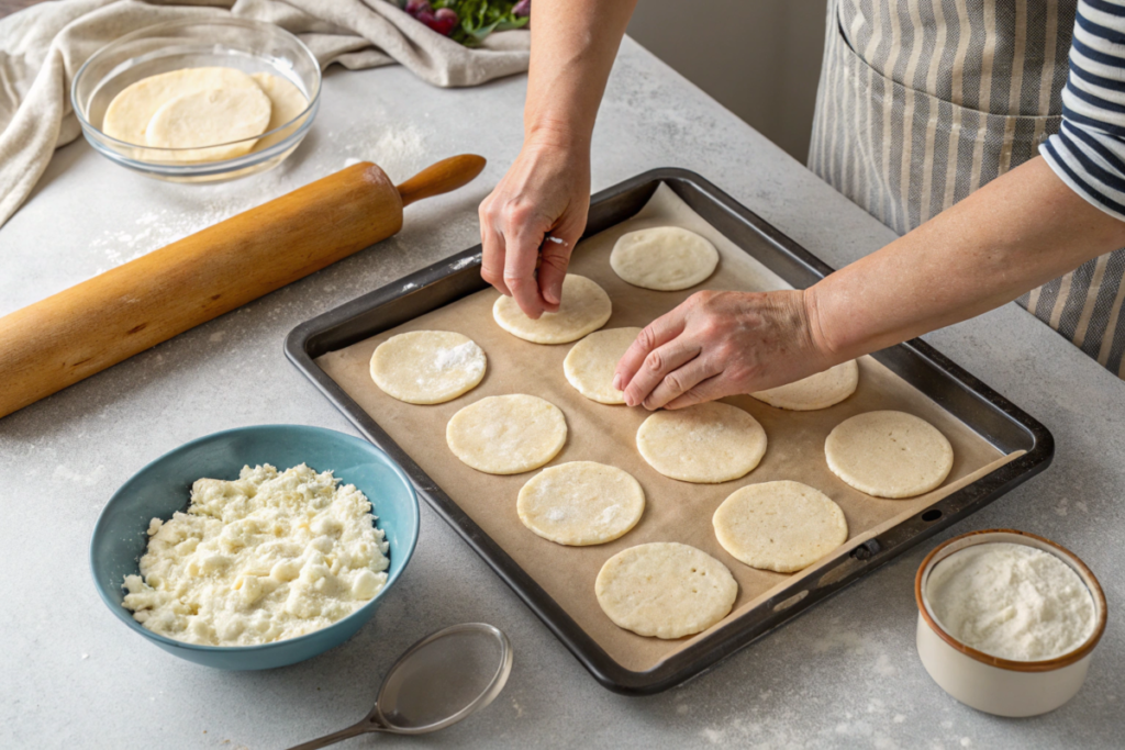 Hands spreading cottage cheese flatbread batter evenly on a baking tray, highlighting the importance of uniform thickness to prevent burning