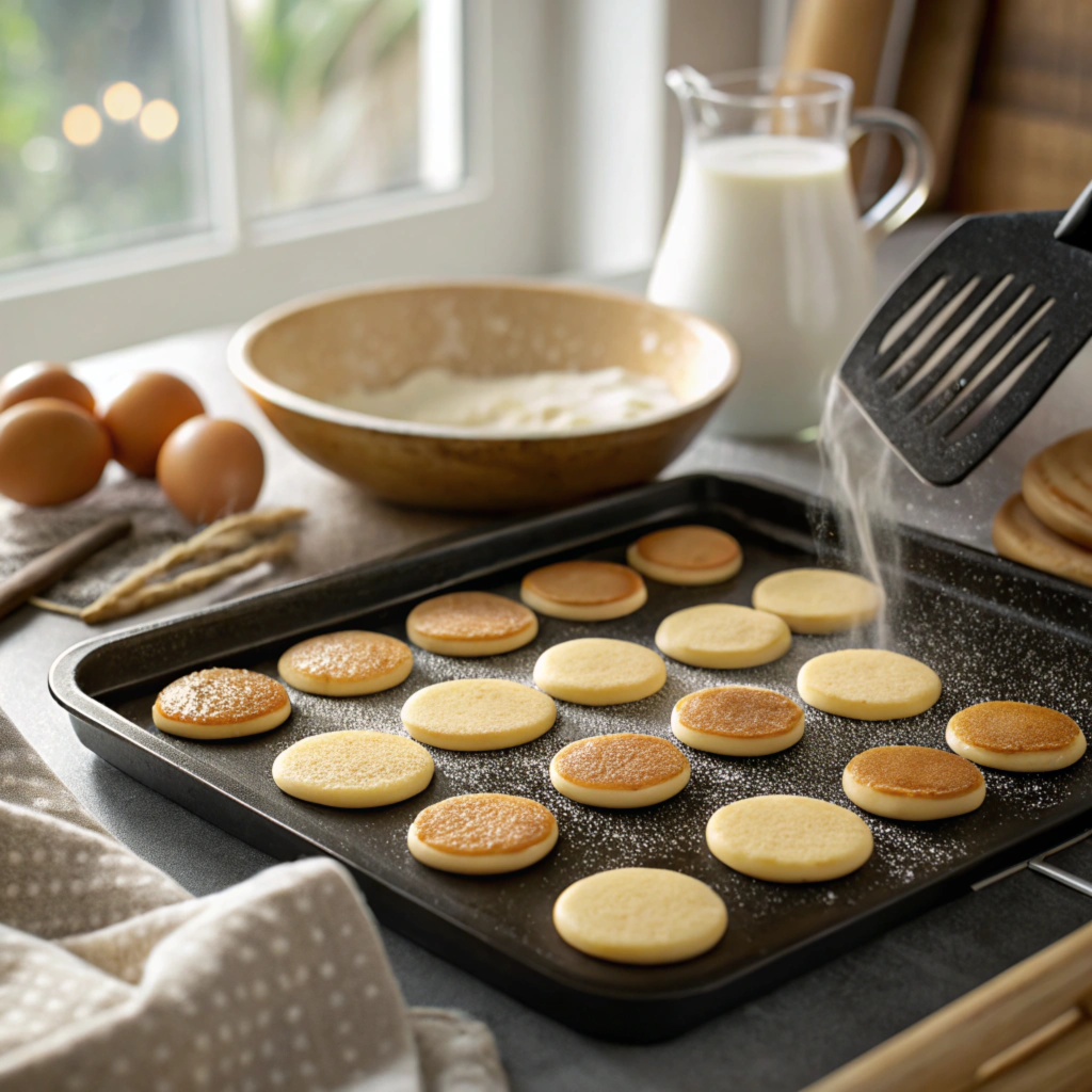 Close-up of mini pancakes cooking on a hot, non-stick griddle; small, golden pancakes with a spatula ready to flip them, and steam rising gently