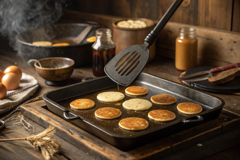 Small dollops of pancake batter cooking on a hot griddle, golden-brown edges forming, with a spatula ready for flipping in a cozy kitchen setting