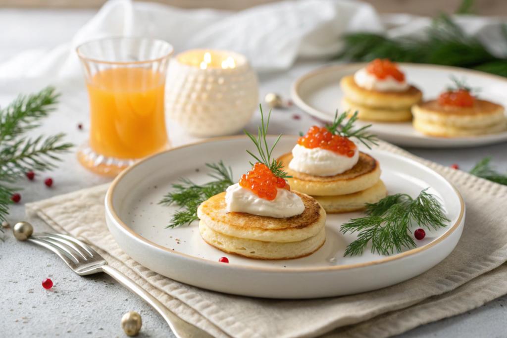 Elegant Russian blinis topped with a dollop of sour cream, fresh dill, and salmon roe, served on a white porcelain plate with a festive presentation