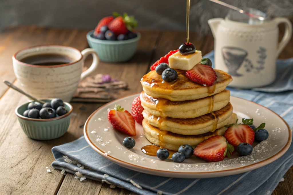 A stack of golden mini pancakes drizzled with syrup, topped with fresh strawberries, blueberries, and a dollop of butter, served on a rustic wooden table with a steaming mug of coffee in the background