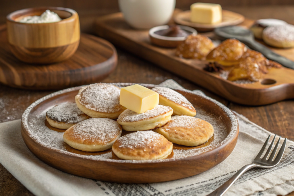 Traditional Dutch poffertjes served on a wooden plate, lightly dusted with powdered sugar and topped with a small pat of melting butter