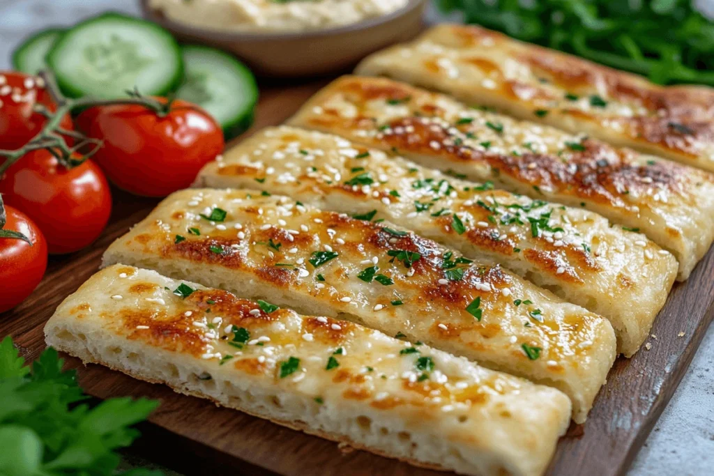 Freshly baked cottage cheese flatbread served on a rustic wooden board, garnished with herbs and sesame seeds, with a side of hummus and vegetables.