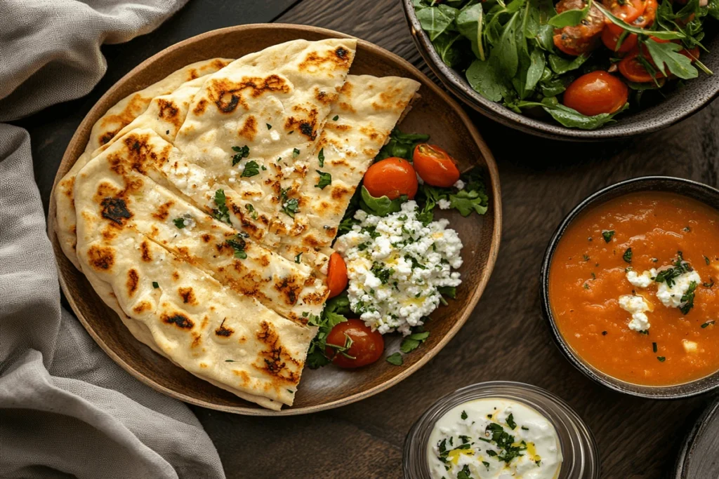 A meal featuring cottage cheese flatbread served with a fresh Greek salad, a bowl of tomato soup, and a glass of citrus-infused water on a rustic wooden table.