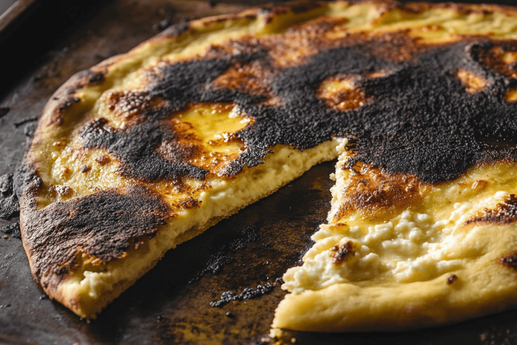 Why Did My Cottage Cheese Flatbread Burn? A burnt cottage cheese flatbread on a baking sheet with blackened edges and an unevenly cooked center.