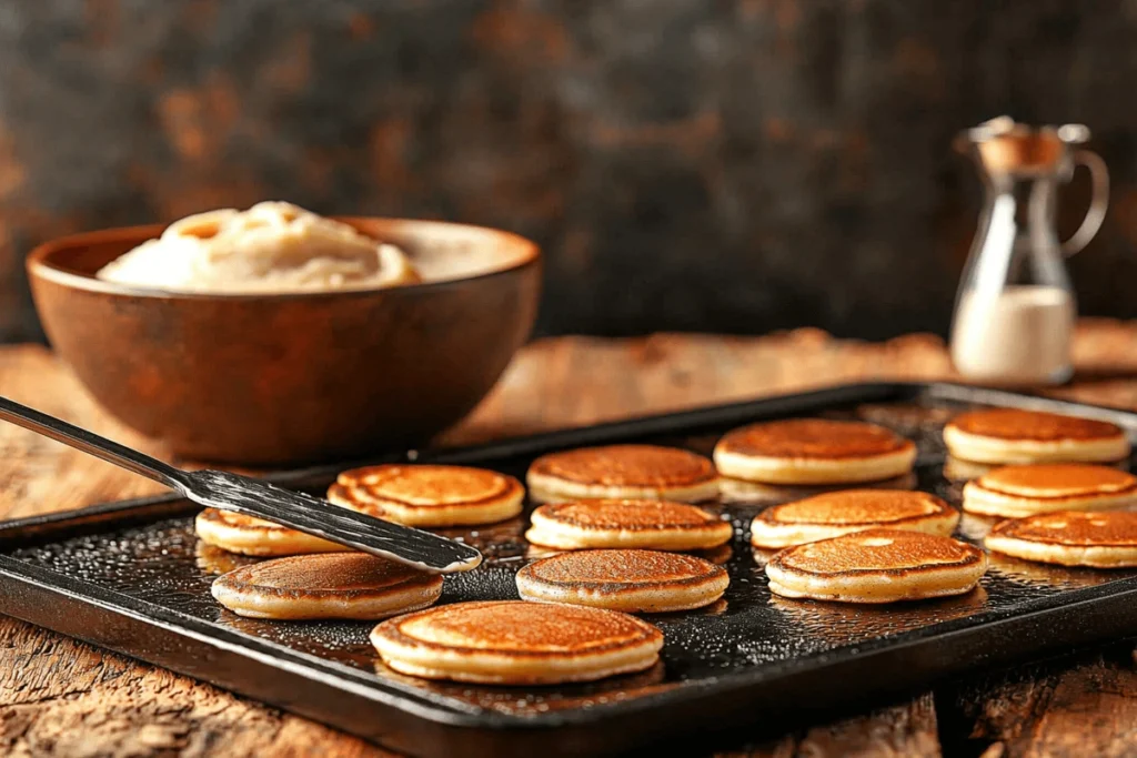 How Long Do You Cook Mini Pancakes for? A hand flipping golden mini pancakes on a hot griddle with a spatula, ensuring even cooking and a fluffy texture.