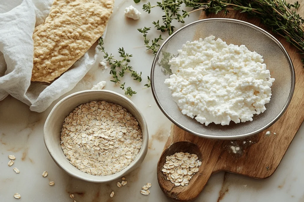 A selection of low-moisture ingredients, including strained cottage cheese, oat flour, cornstarch, and flaxseeds, showcasing how to prevent Why is my Cottage Cheese Flatbread Soggy?