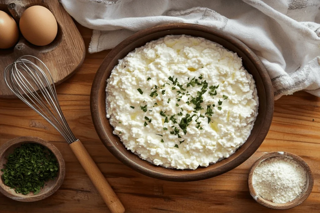 How to Know When Cottage Cheese Flatbread is Done – A top-down view of cottage cheese flatbread ingredients, including cottage cheese, eggs, and herbs, neatly arranged on a wooden countertop.