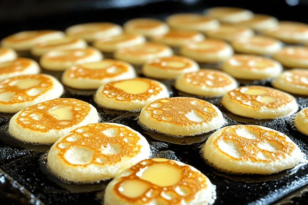 How Long Do You Cook Mini Pancakes for? Golden mini pancakes sizzling on a preheated griddle, with bubbles forming on the surface, ready to be flipped for the perfect fluffy texture.