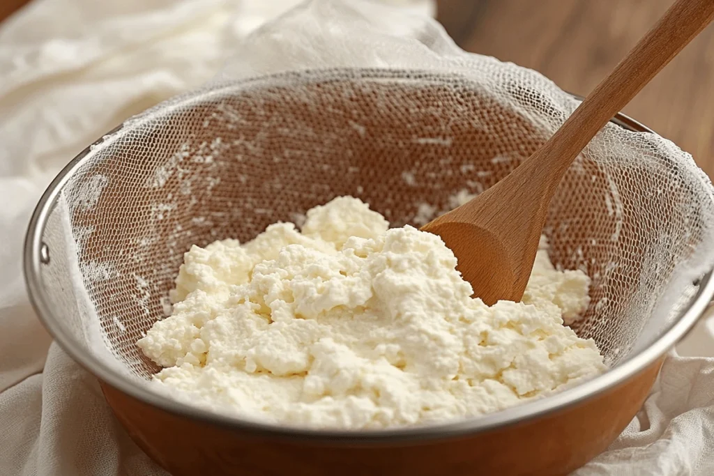 How to Keep Cottage Cheese Flatbread from Sticking – Cottage cheese draining in a fine-mesh sieve over a bowl, showing the process of removing excess moisture to prevent sticky dough.