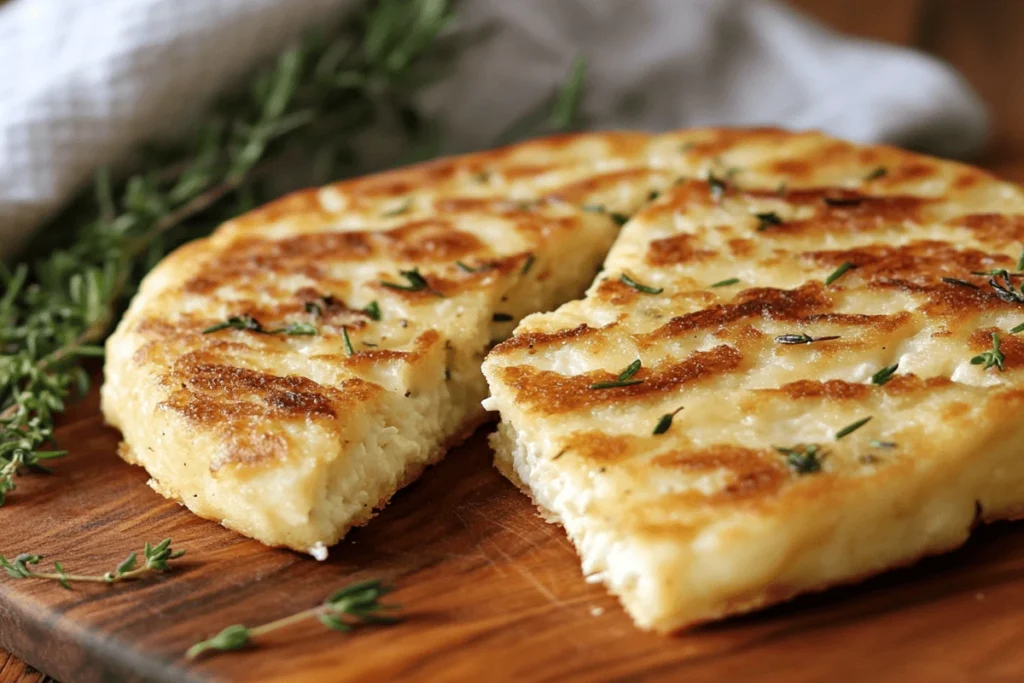 How to Know When Cottage Cheese Flatbread is Done – A golden-brown, freshly baked cottage cheese flatbread on a wooden cutting board, sliced to reveal its soft yet firm interior, garnished with fresh herbs.