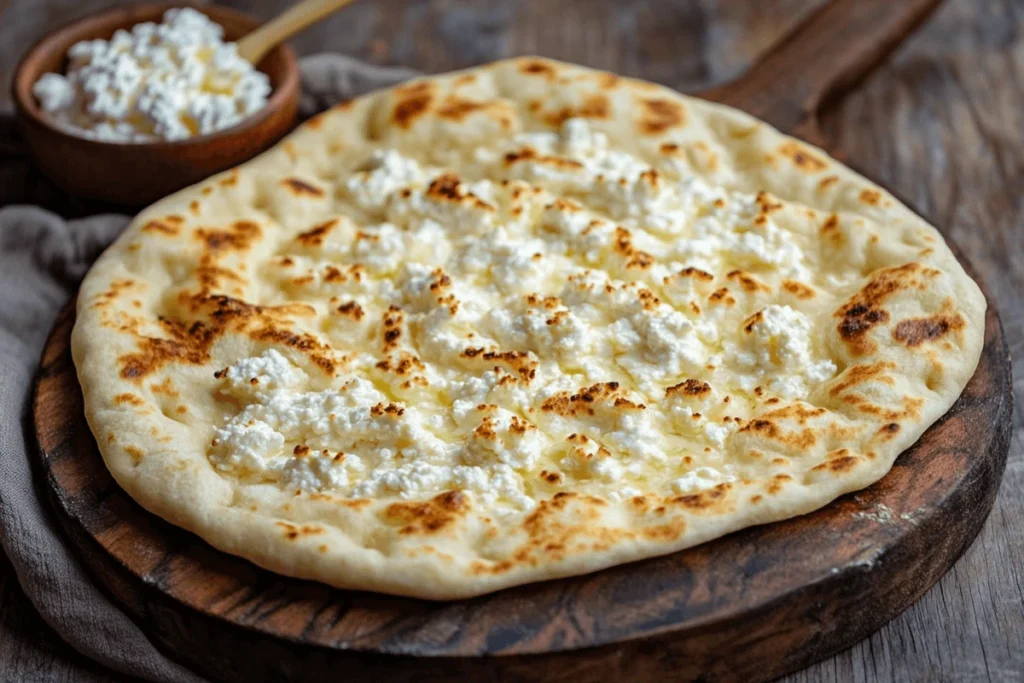 A crispy, golden-brown cottage cheese flatbread on a rustic wooden board, with steam rising and a bowl of cottage cheese beside it, illustrating the solution to Why is my Cottage Cheese Flatbread Soggy?