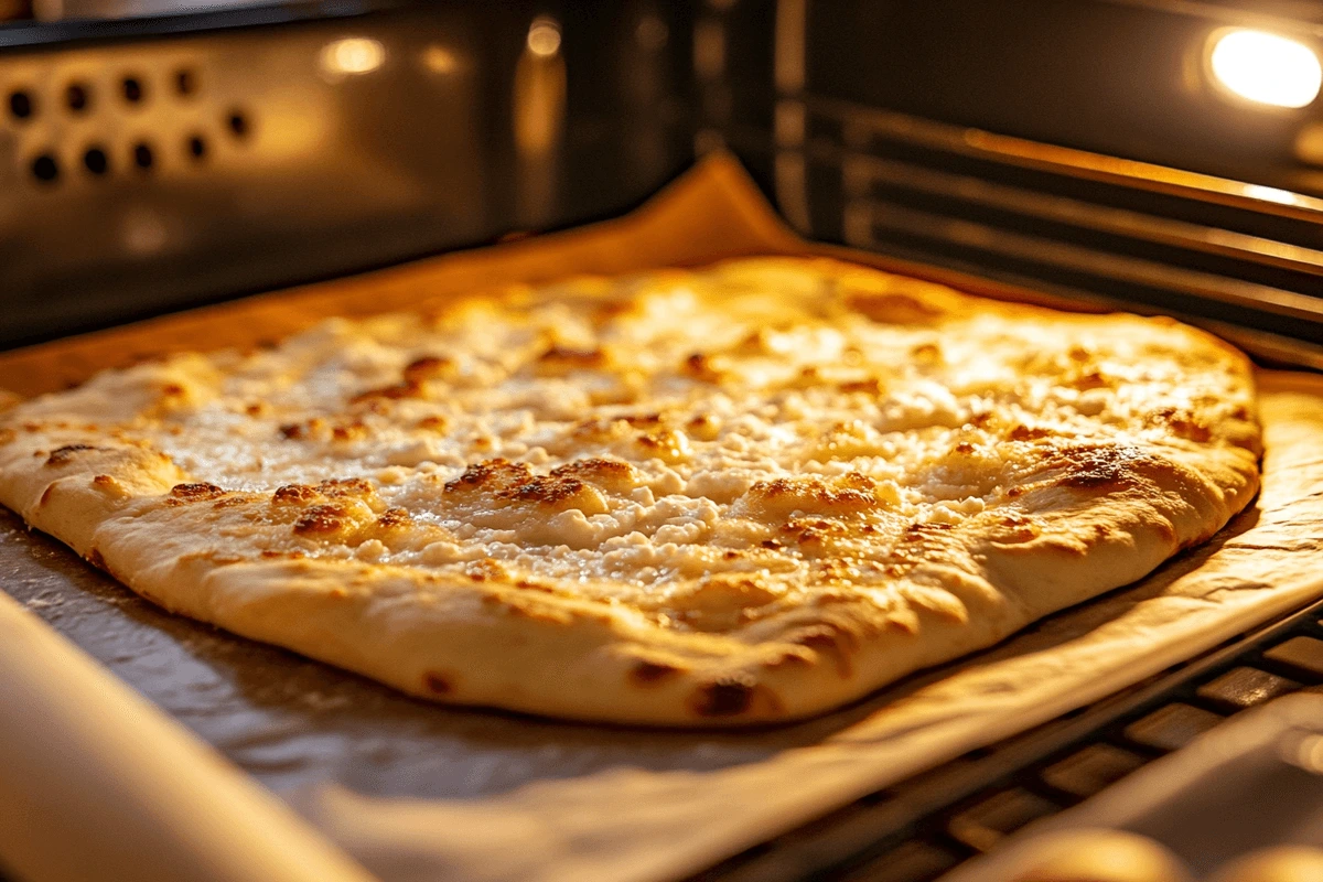 Why Did My Cottage Cheese Flatbread Burn? A golden-brown cottage cheese flatbread baking in a warm oven, showing a perfectly crisp edge and a soft, fluffy center.