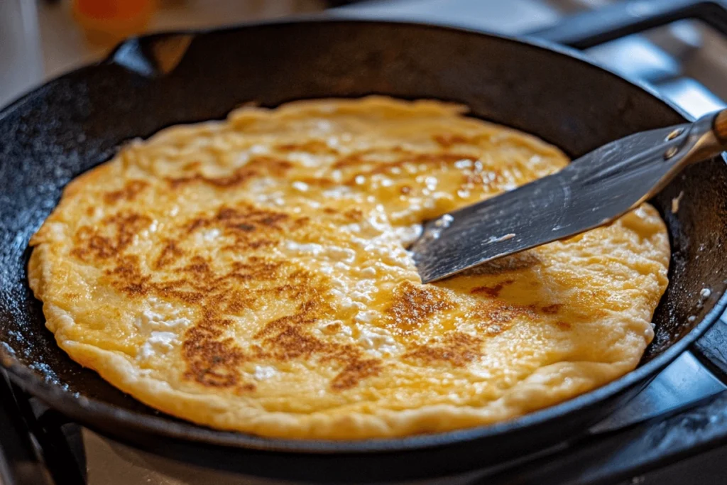 How to Keep Cottage Cheese Flatbread from Sticking – Cottage cheese flatbread cooking in a well-seasoned cast iron skillet on a stovetop, achieving a golden-brown crust without sticking.