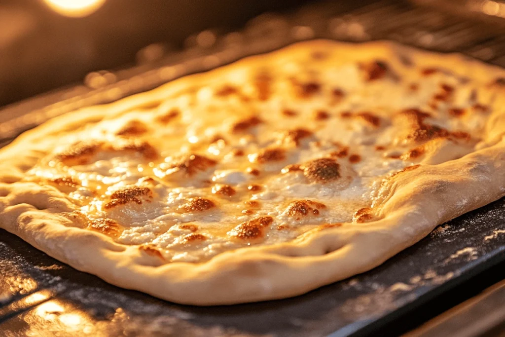 A crispy, golden-brown cottage cheese flatbread baking on a pizza stone inside a hot oven, showing the solution to Why is my Cottage Cheese Flatbread Soggy?