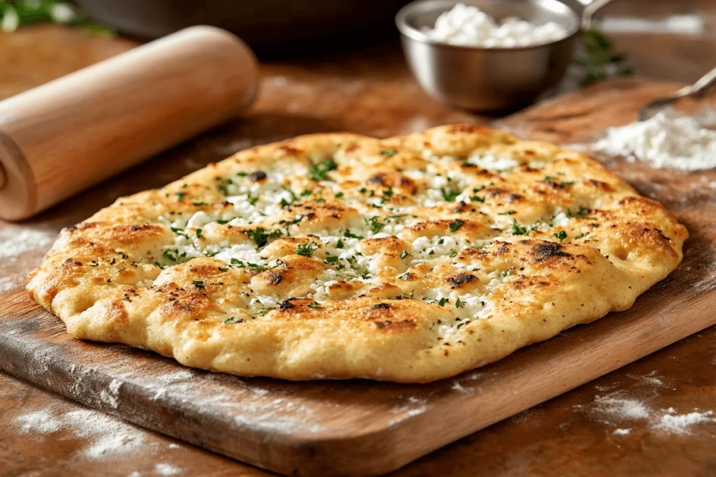 How to Keep Cottage Cheese Flatbread from Sticking – A freshly baked flatbread on a wooden board, surrounded by flour-dusted tools and cottage cheese, illustrating techniques to prevent sticking.