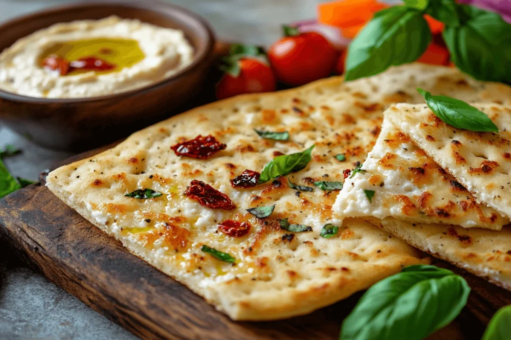 Freshly baked cottage cheese flatbread sliced into portions, topped with basil, sun-dried tomatoes, and olive oil, served on a rustic wooden board.