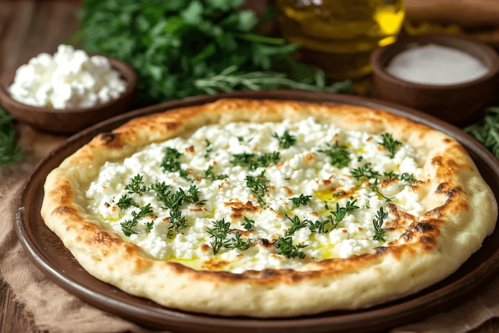 Why Did My Cottage Cheese Flatbread Burn? A perfectly cooked cottage cheese flatbread with a golden-brown crust, served on a rustic plate with fresh herbs.