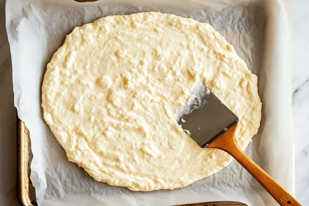 How to Know When Cottage Cheese Flatbread is Done – A baker’s hands spreading cottage cheese flatbread batter evenly on a parchment-lined baking sheet using a spatula.