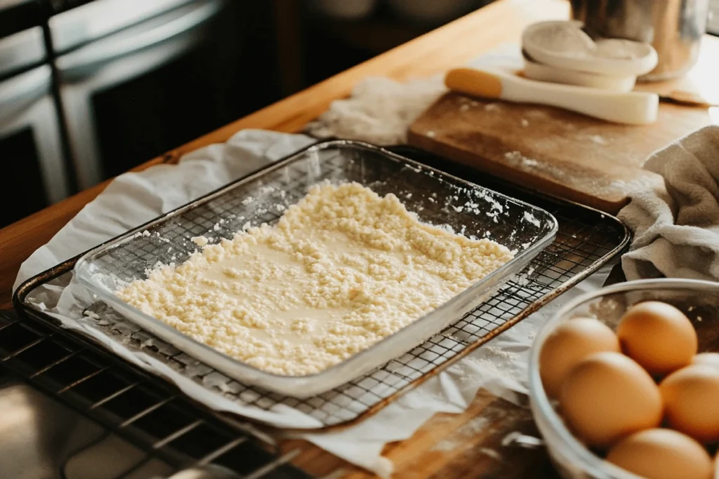 Step-by-step preparation of cottage cheese flatbread, showing cottage cheese and eggs being mixed, batter spread on parchment paper, and a tray placed in the oven.