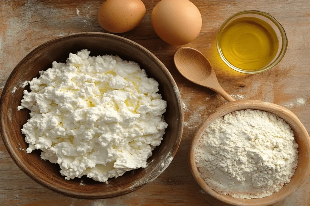 Why Did My Cottage Cheese Flatbread Burn? Fresh ingredients including cottage cheese, flour, eggs, and olive oil neatly arranged on a wooden kitchen counter, ready for baking.