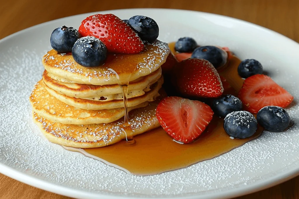 How Long Do You Cook Mini Pancakes for? A stack of golden mini pancakes drizzled with syrup and topped with fresh berries, served on a white plate for a delicious breakfast.